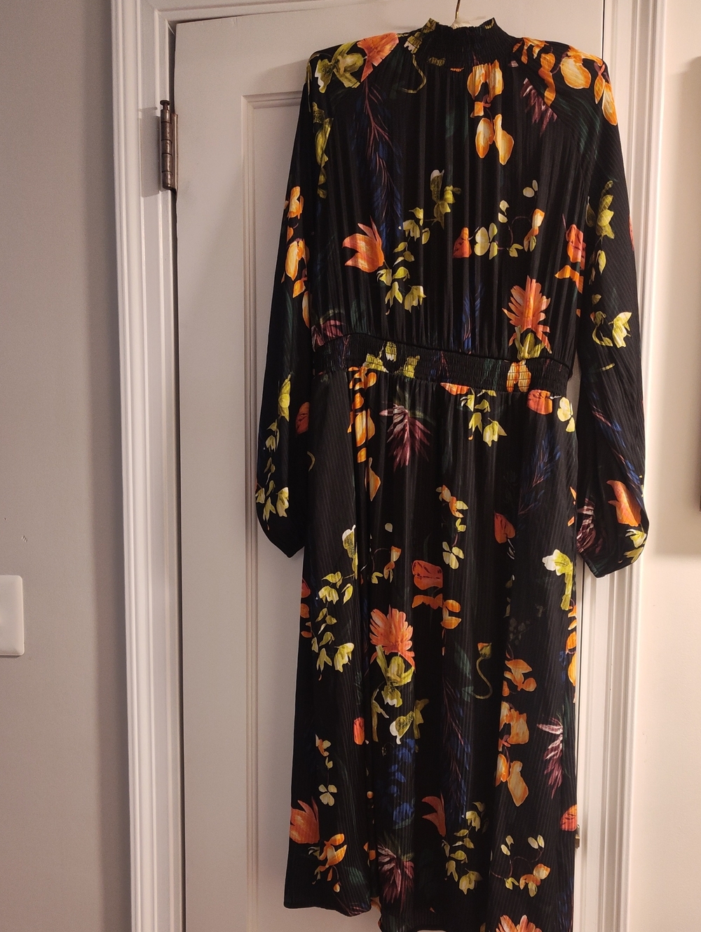 a new day Black Floral Long-Sleeve Midi Dress with Orange and Yellow Blooms.